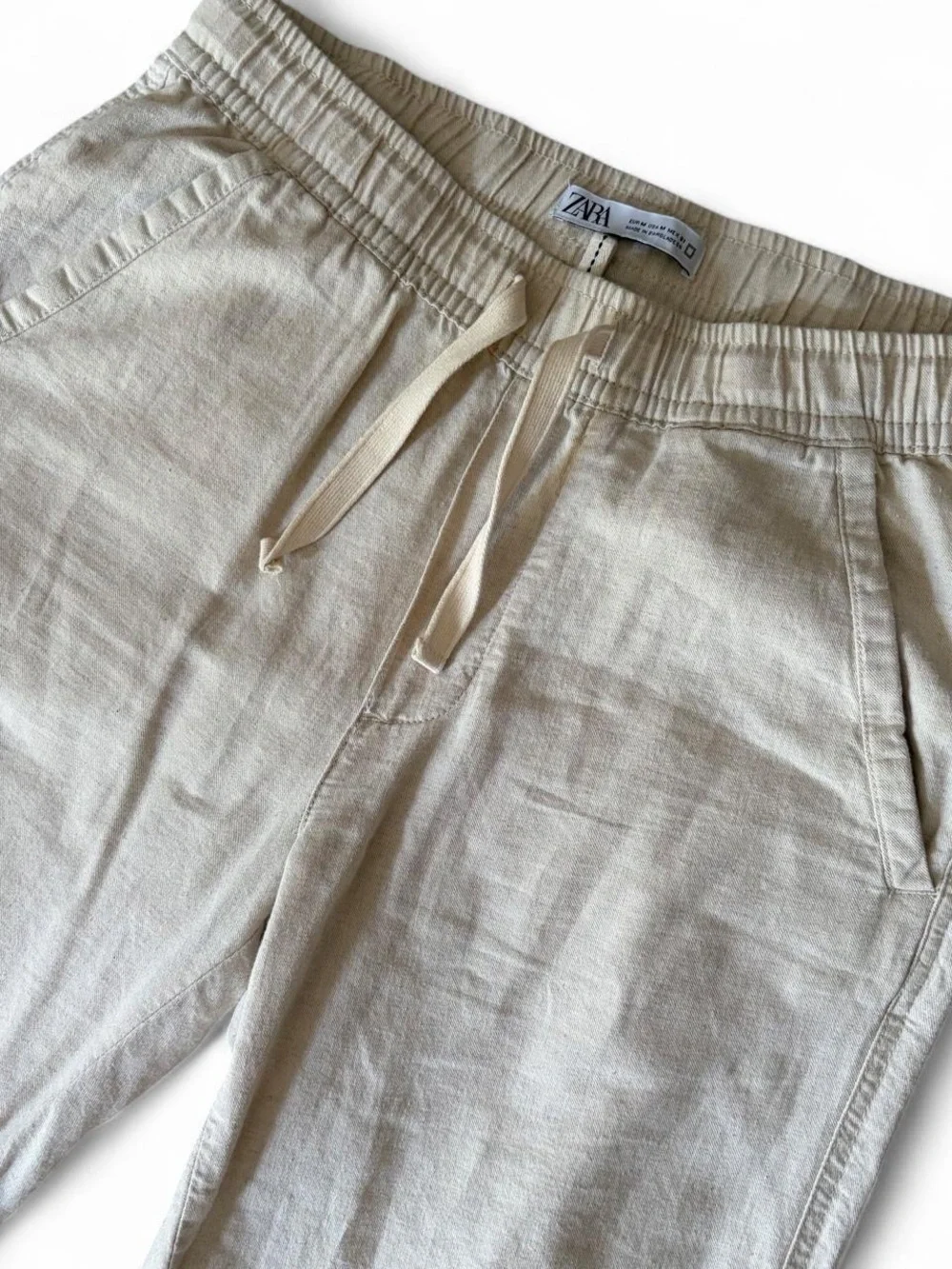 Zara Cream Drawstring Linen-Blend Pants Medium